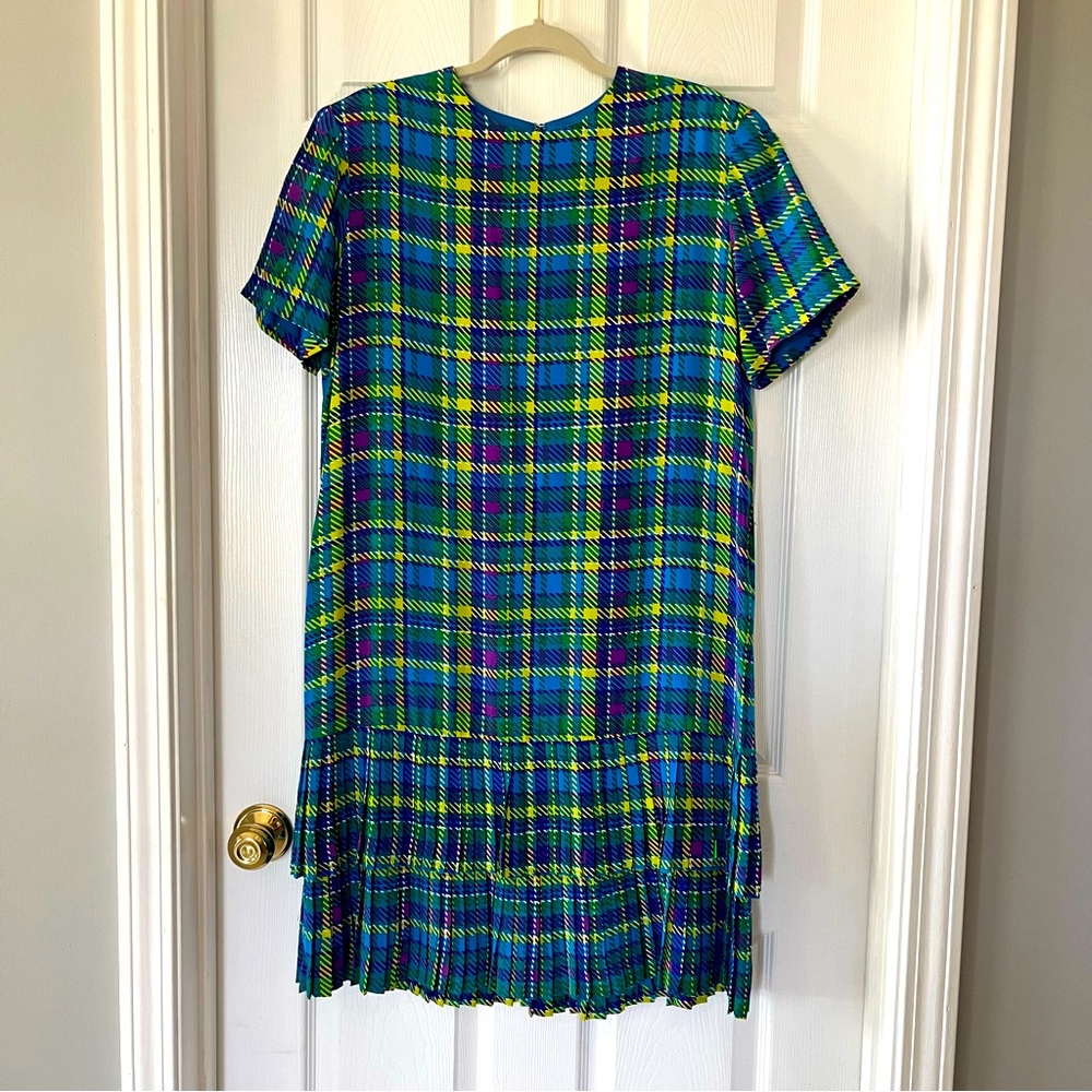Oleg Cassini 100% Silk Blue Green Plaid Pleated Midi Dress Women Size 12 Vintage